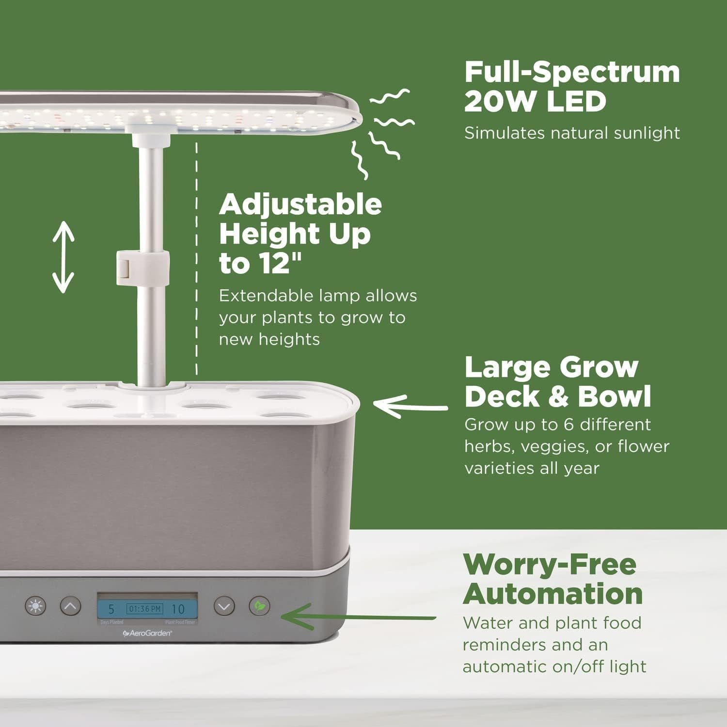 Harvest Elite Indoor Garden Hydroponic System with LED Grow Light and Seed Kit, Holds up to 6 Pods, Stainless Steel