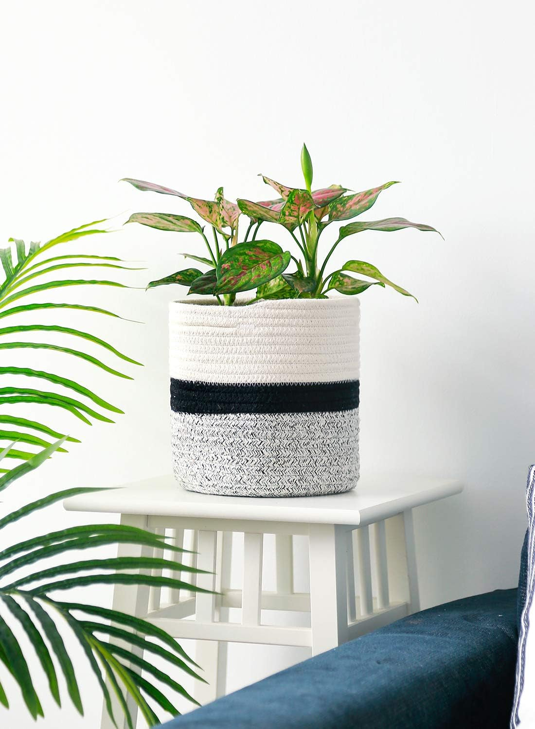 700701 Woven Cotton Rope Plant Basket for 7" Flower Pot Floor Indoor Planters, 8” X 7.5” Storage Basket Organizer Modern Home Decor, White Black Grey Stripes