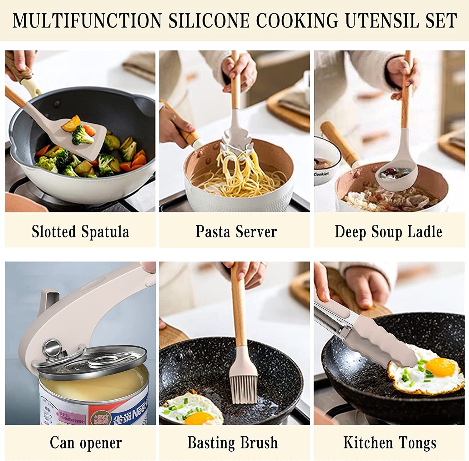 Silicone Cooking Utensil Set, 38 Pcs Silicone Cooking Kitchen Utensils Set with Wooden Handle, Non-Stick Heat Resistant - Best Kitchen Cookware Set- Khaki(Bpa Free, Non Toxic)