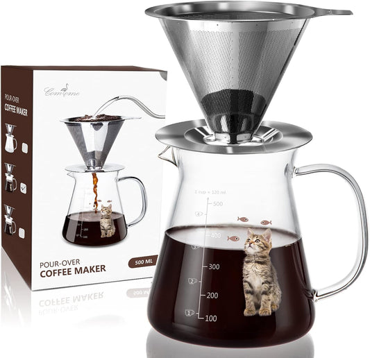 Comfome Pour over Coffee Maker 17 Oz, Drip Coffee Maker Pour over with High Heat-Resistant Carafe and Permanent Stainless Steel Filter, Portable Coffee Pour over Maker Perfect for Home or Office