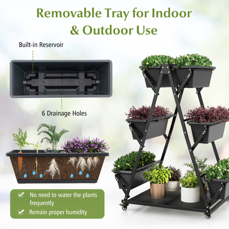 3-Tier Vertical Raised Garden Bed with 4 Wheels and 6 Container Boxes