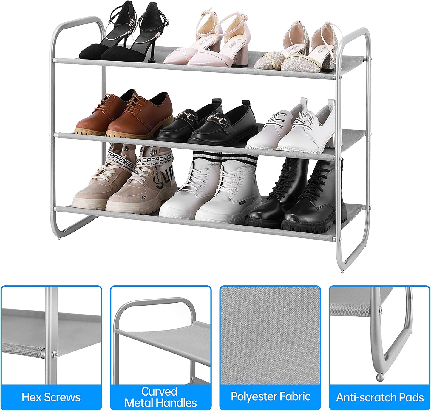 3-Tier Shoe Rack, Fabric Shoe Shelf for Closet Bedroom Entryway (Light Gray)