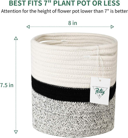 700701 Woven Cotton Rope Plant Basket for 7" Flower Pot Floor Indoor Planters, 8” X 7.5” Storage Basket Organizer Modern Home Decor, White Black Grey Stripes