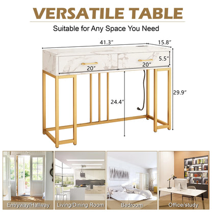 Console Table Modern Entryway with Storage Drawers Outlets USB, Narrow Faux Marble Sofa Coffee Desk, Home Furniture Decor Indoor,Gold & White