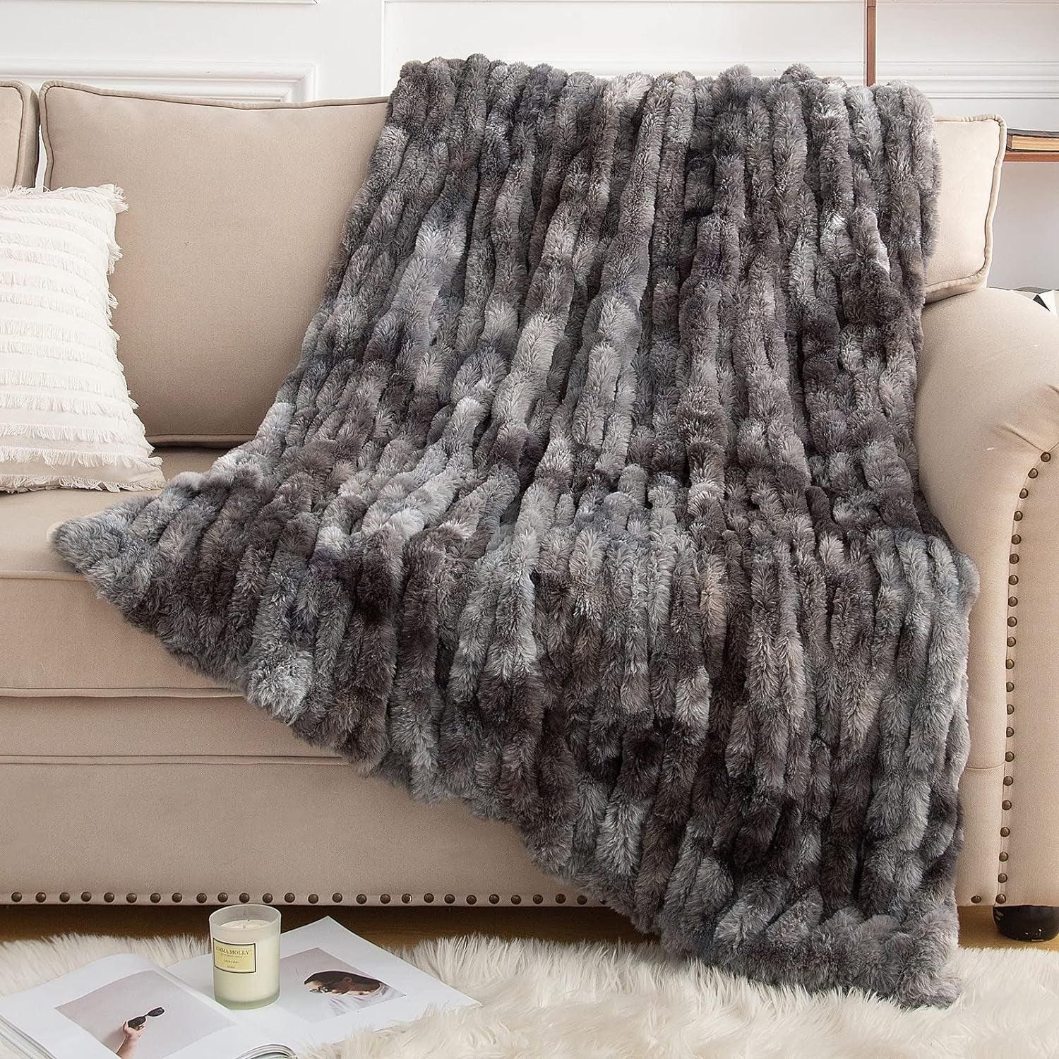 Soft Faux Fur Throw Blanket, 50" X 60" Fuzzy Throw Blanket for Couch and Bed Luxurious Ruched Warm Throw Blanket for Living Room Bedroom (Throw, Dark Gray)