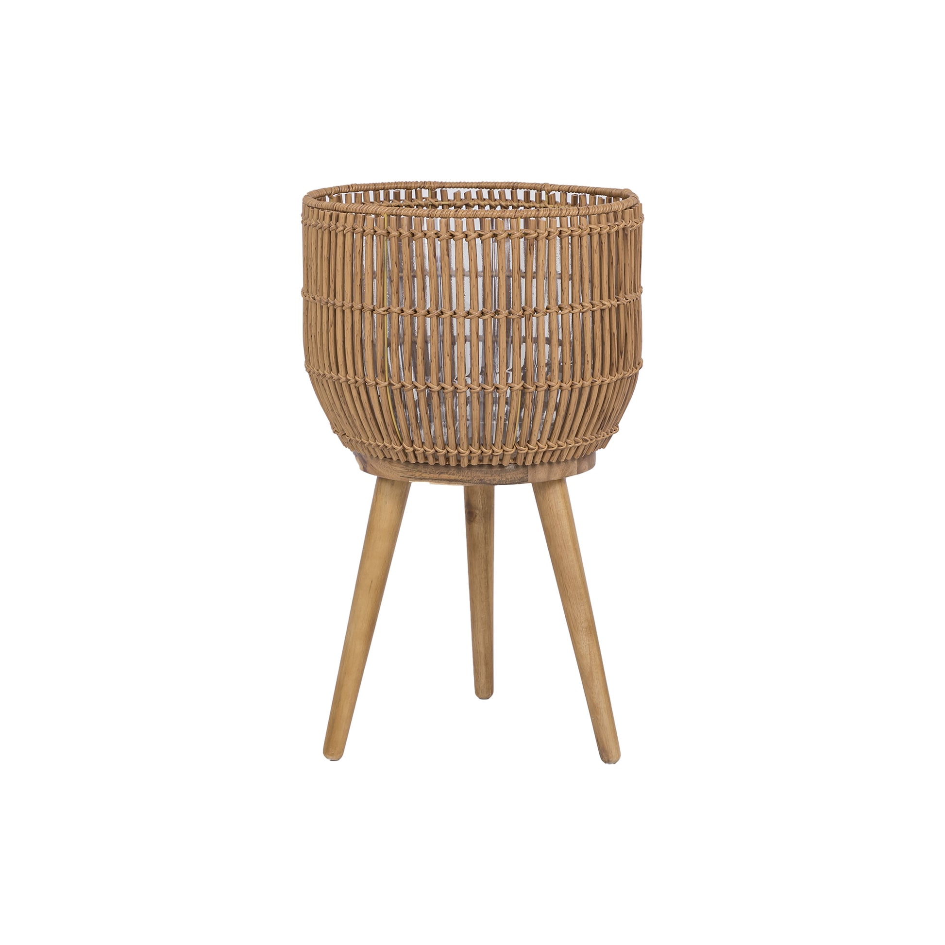 13 Inch round Brown Resin Rattan Planter & Stand with Acacia Wood Legs