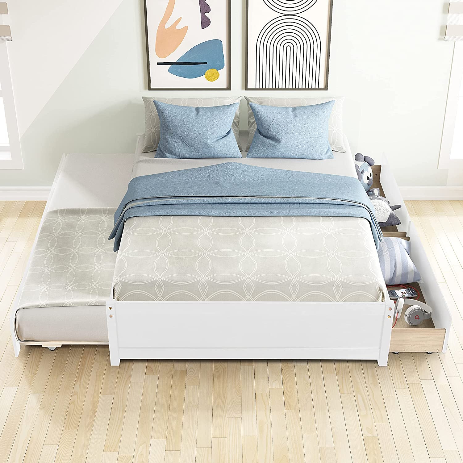 Full Size Platform Bed, Wood Full Bed Frame with Trundle and Drawers, Slats Support, No Box Spring Needed, White