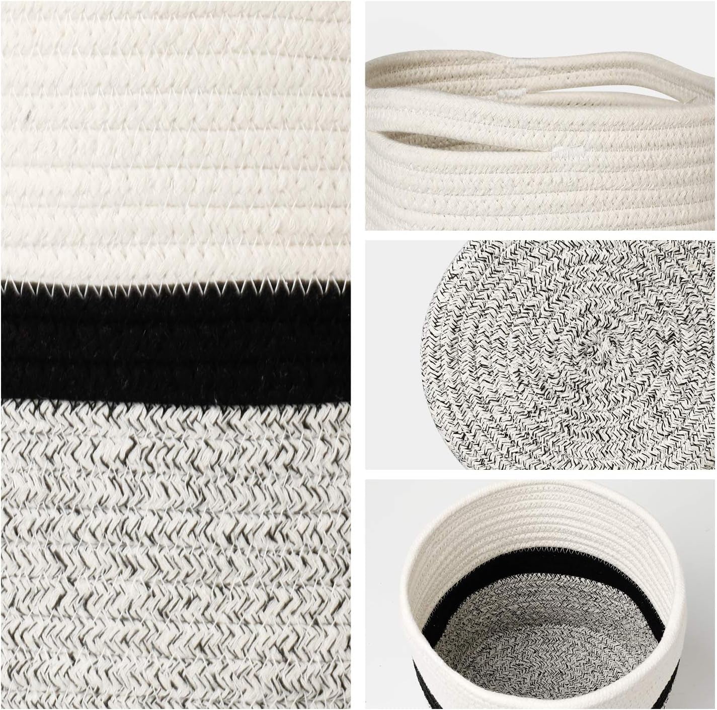 700701 Woven Cotton Rope Plant Basket for 7" Flower Pot Floor Indoor Planters, 8” X 7.5” Storage Basket Organizer Modern Home Decor, White Black Grey Stripes