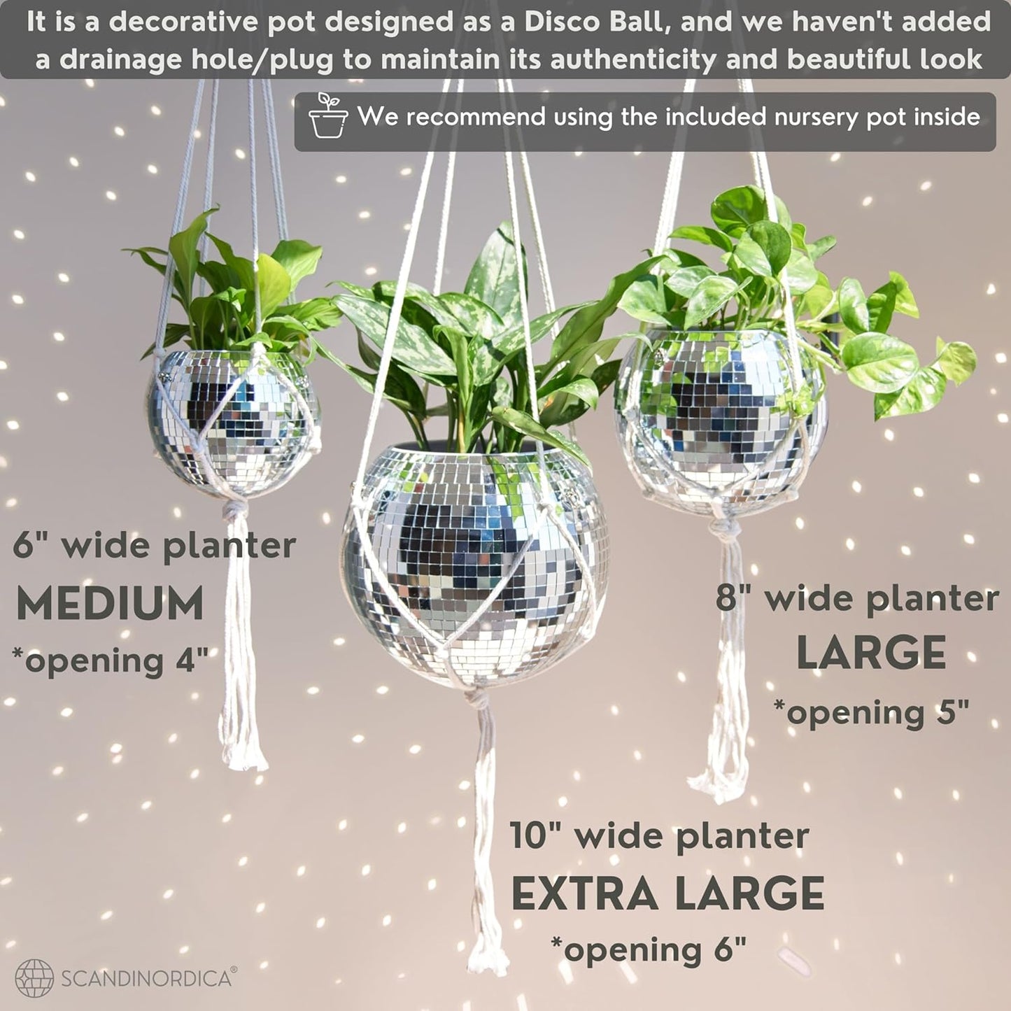 Disco Ball Planter – Value Package: Mirror Disco Planter with Chain, Macrame Hanger and Acrylic Stand for Desk, Includes Self Watering Insert, Disco Ball Decor | 6 Inch Silver