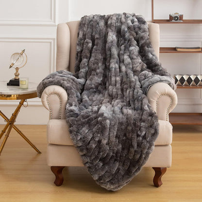 Soft Faux Fur Throw Blanket, 50" X 60" Fuzzy Throw Blanket for Couch and Bed Luxurious Ruched Warm Throw Blanket for Living Room Bedroom (Throw, Dark Gray)