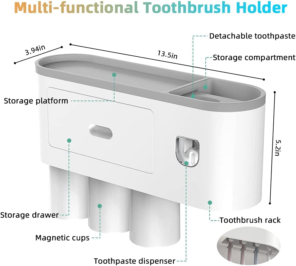 Toothbrush Holder Wall Mounted, Toothpaste Dispenser for Bathrooms Automatic Electric Tooth Pastetooth Dispenser Squeezer Accessories Set for Kids, Toothbrush Organizer Rack with Magnetic Cup , Grey