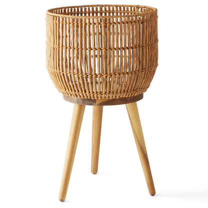 13 Inch round Brown Resin Rattan Planter & Stand with Acacia Wood Legs