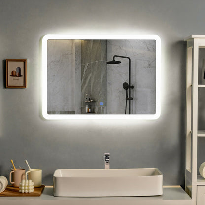 LED Wall-Mounted Bathroom Rounded Arc Corner Mirror with Touch