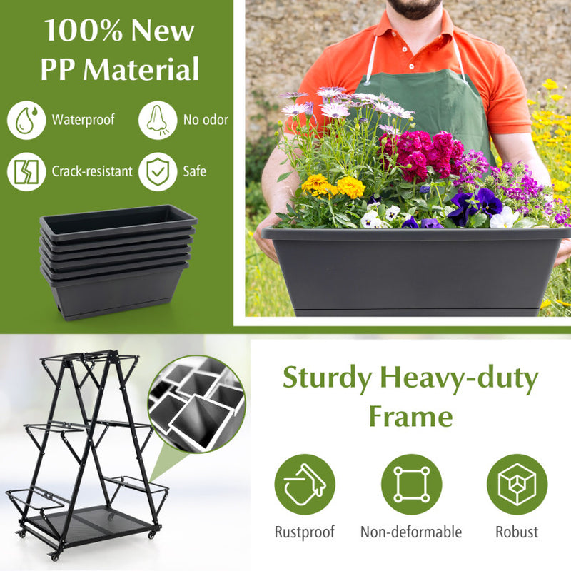 3-Tier Vertical Raised Garden Bed with 4 Wheels and 6 Container Boxes