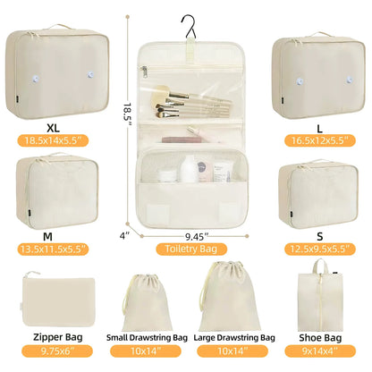 Packing Cubes 9 Set, Travel Packing Organizers with Large Toiletries Bag for Clothes Shoes, Beige