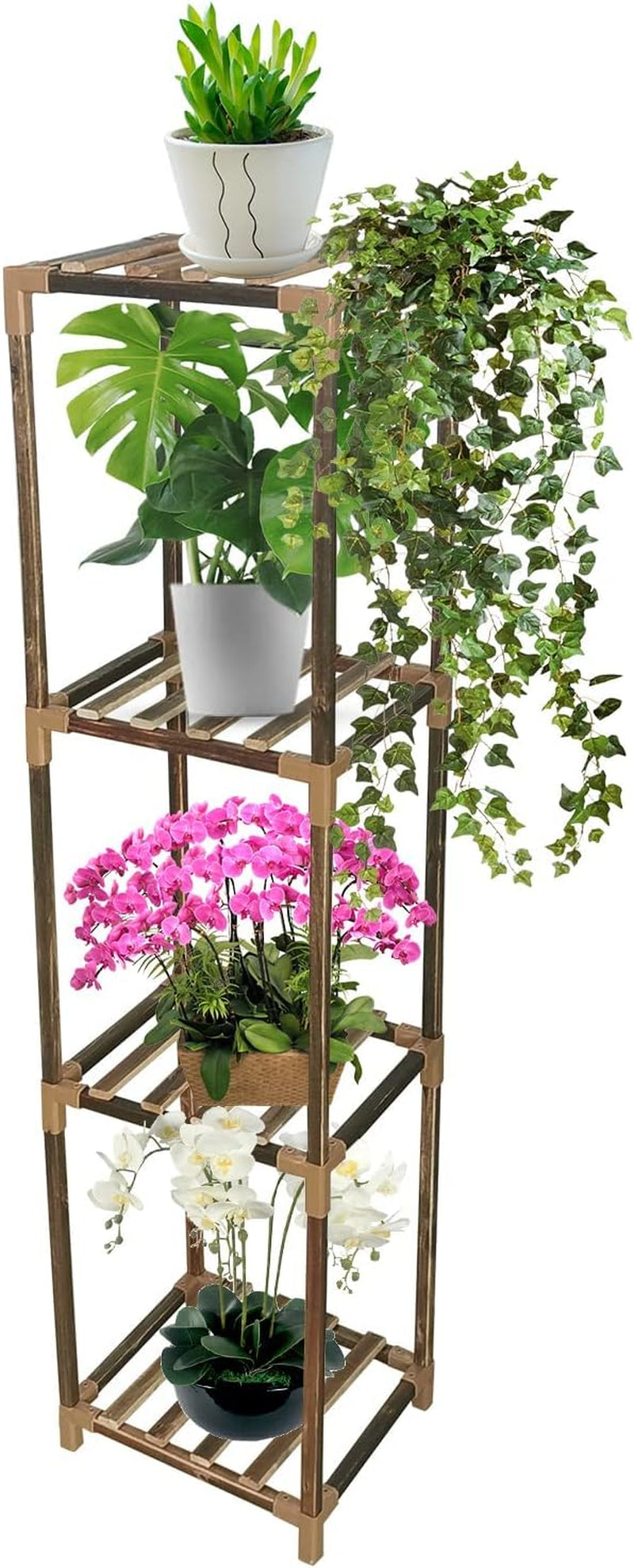 Wood Plant Stand Indoor, Tall Plant Shelf Flower Pot Stands Outdoor, Small Space Planter Stands Holder Shelves for Corner Living Room Garden (4 Pots)