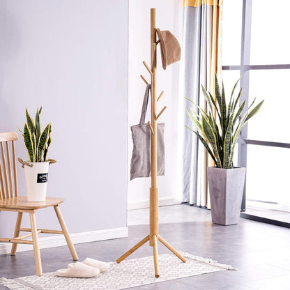 Bamboo Coat Rack Freestanding Adjustable Coat Tree with 3 Sections & 8 Hooks Easy to Assemble Coat Hanger Stand for Bedroom Office Hallway Entryway Bedroom Natural Wooden Natural Coat Rack