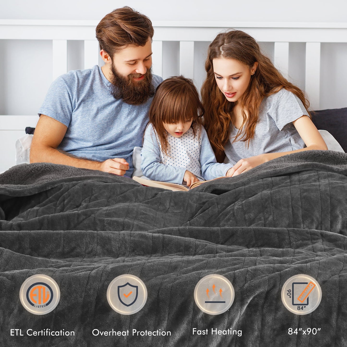 Electric Heated Blanket Queen Size 84''X90'', Fast Heating with Dual Controllers, 10 Heating Levels, 10H Timers, Preheat Function Machine Washable - Gray