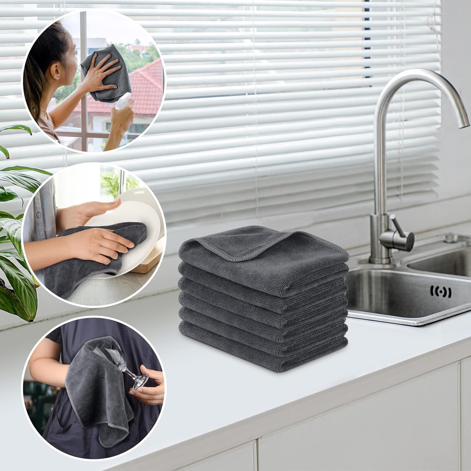 Microfiber Cleaning Cloth Ultra Absorbent Softer Towel Reusable Cleaning Cloth No Streak Lintless Cleaning Cloth for Home, Kitchen, Car, Window Use 12X12 Inch Slate Grey 6 Pack