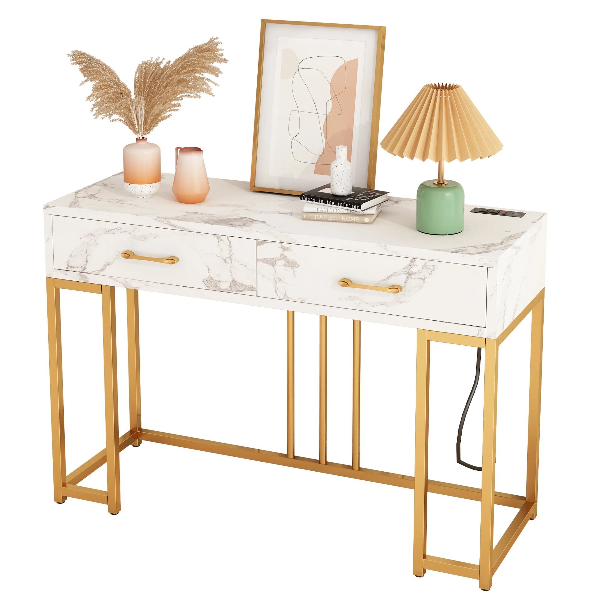 Console Table Modern Entryway with Storage Drawers Outlets USB, Narrow Faux Marble Sofa Coffee Desk, Home Furniture Decor Indoor,Gold & White