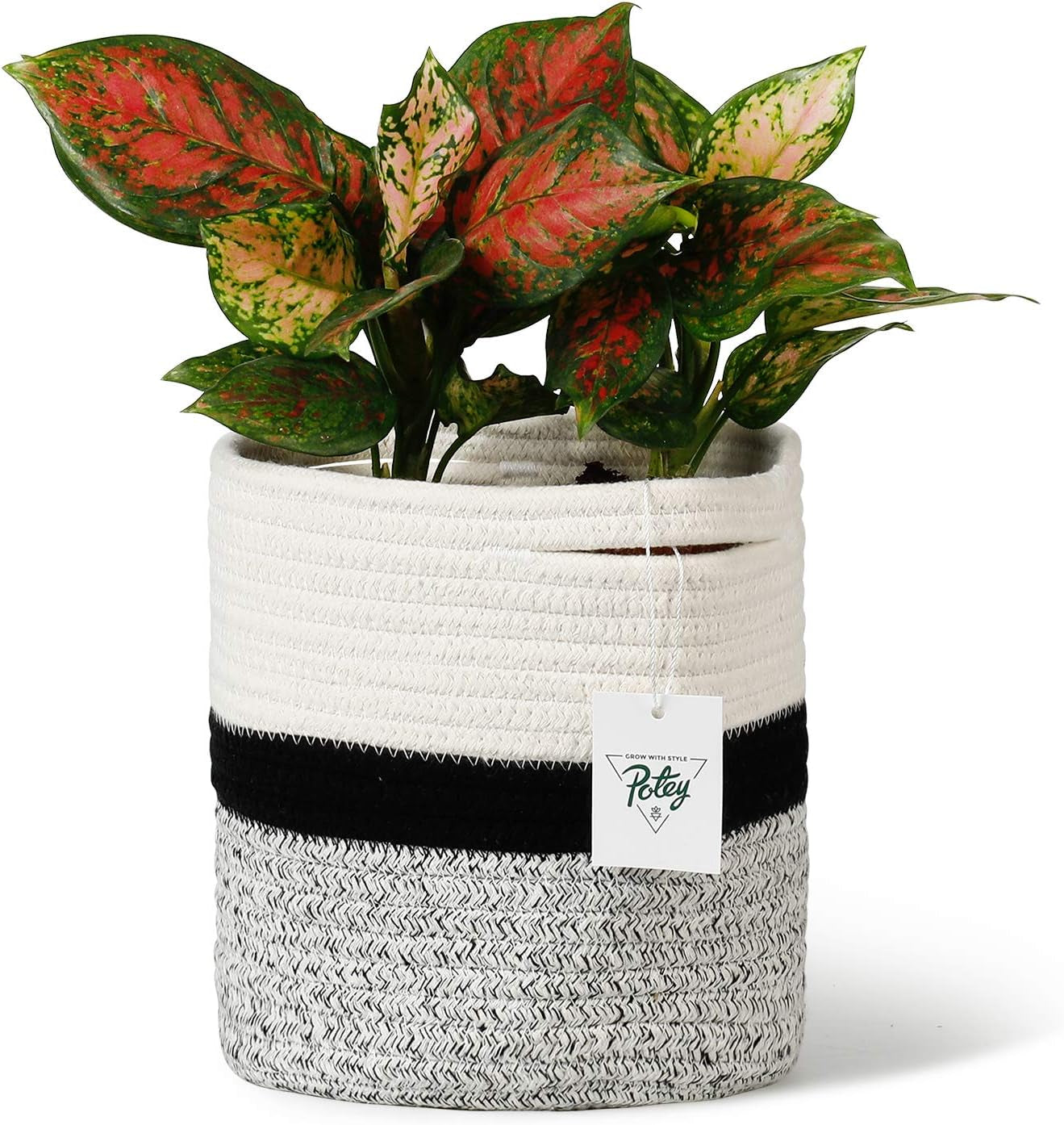 700701 Woven Cotton Rope Plant Basket for 7" Flower Pot Floor Indoor Planters, 8” X 7.5” Storage Basket Organizer Modern Home Decor, White Black Grey Stripes