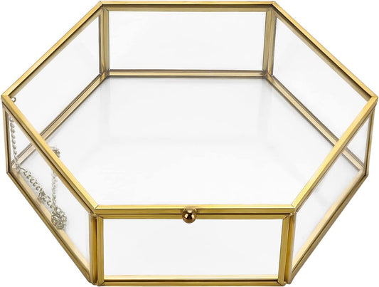 Glass Vintage Jewelry Box - Golden Geometric Jewelry Display Organizer Keepsake Box Case Home Decorative Box for Storage Trinket Ring Earring Chest (X-Large)