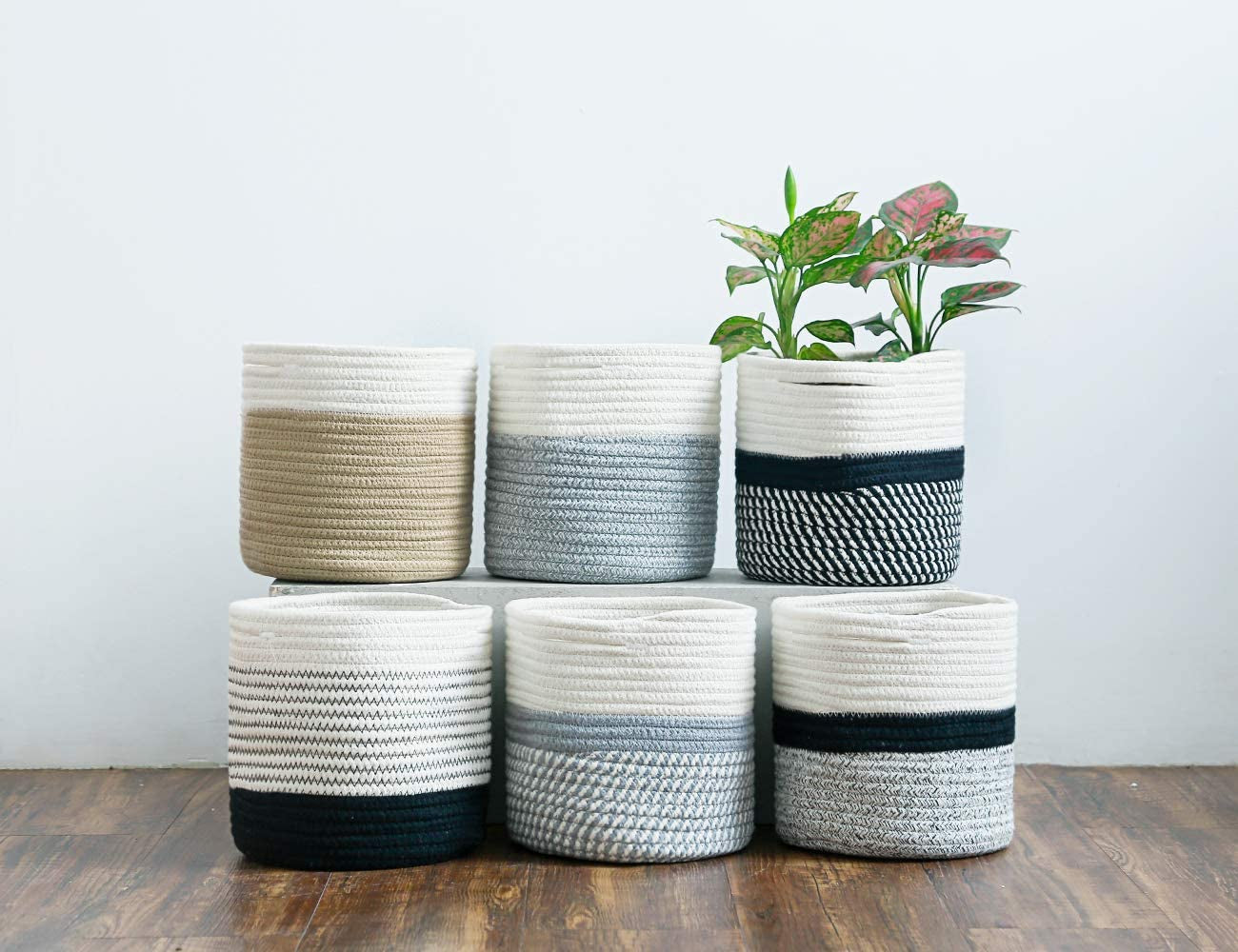 700701 Woven Cotton Rope Plant Basket for 7" Flower Pot Floor Indoor Planters, 8” X 7.5” Storage Basket Organizer Modern Home Decor, White Black Grey Stripes