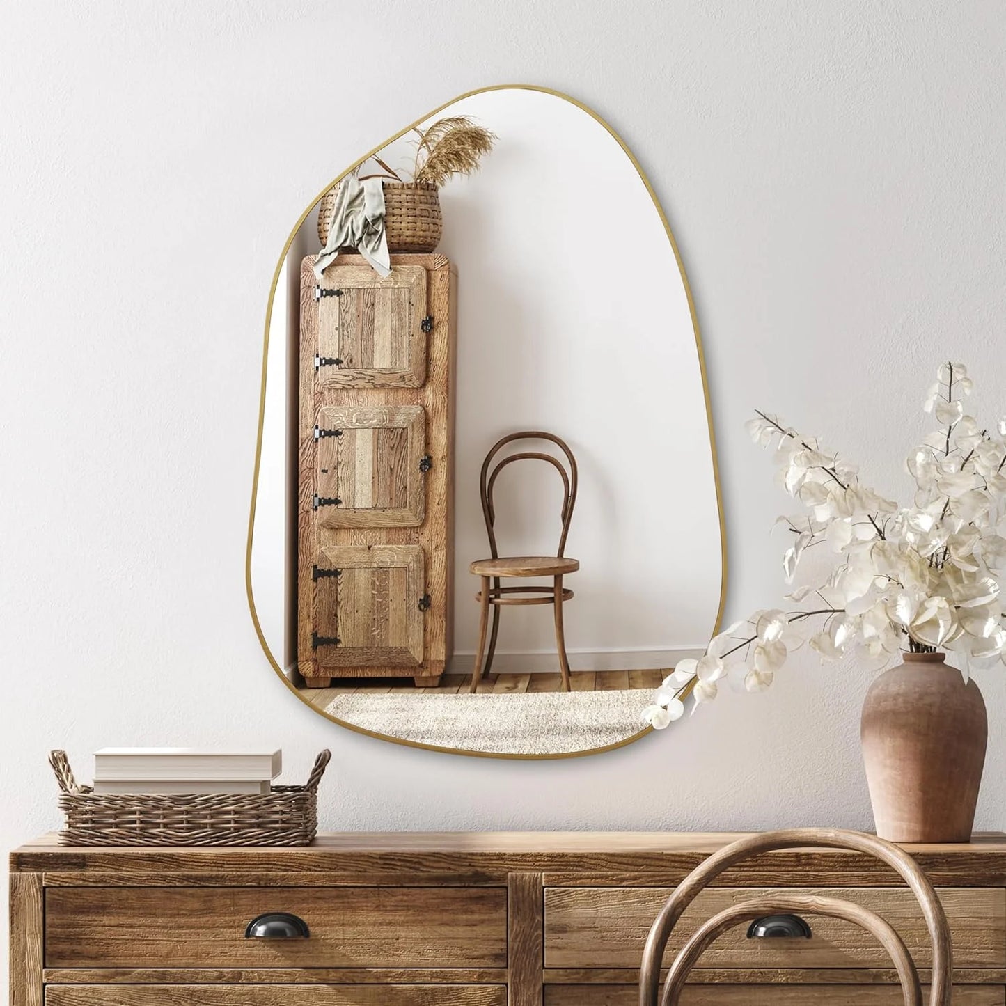 Irregular Wall Mirror Asymmetrical Mirror, 28''X20'' Golden Wood Framed Mirror for Bathroom Bedroom Living Room Entryway