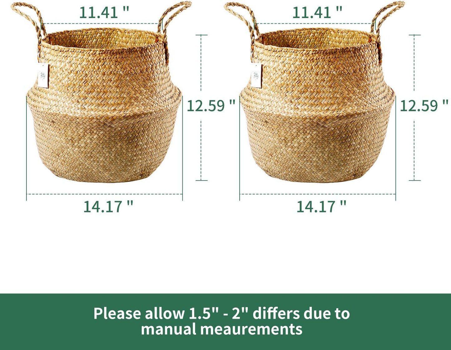 720303 2 Pack Seagrass Plant Basket - Hand Woven Belly Basket with Handles, Storage Laundry, Picnic, Plant Pot Cover, Home Decor and Woven Straw Beach Bag (Extra Large,Brown)