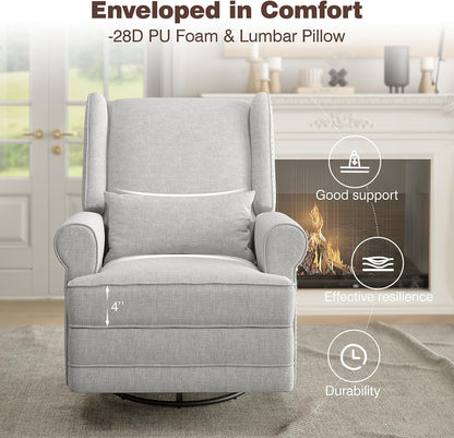 Swivel Nursery Glider Recliner, Comfy Upholstered Glider Chair with Lumbar Pillow and Footrest, Swivel Rocking Chair for Living Room, Grey