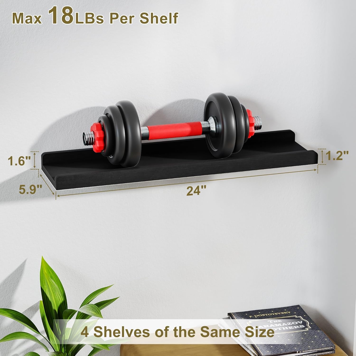 Black Long Floating Shelves for Wall 24 Inch Set of 4, Rustic Wall Shelves with Lip,Wood Hanging Shelves for Bedroom Bathroom Living Room Kitchen Nursery Display