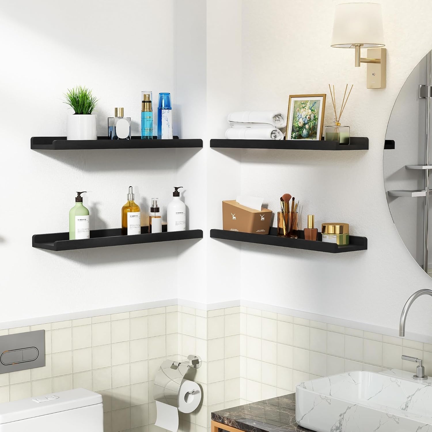 Black Long Floating Shelves for Wall 24 Inch Set of 4, Rustic Wall Shelves with Lip,Wood Hanging Shelves for Bedroom Bathroom Living Room Kitchen Nursery Display