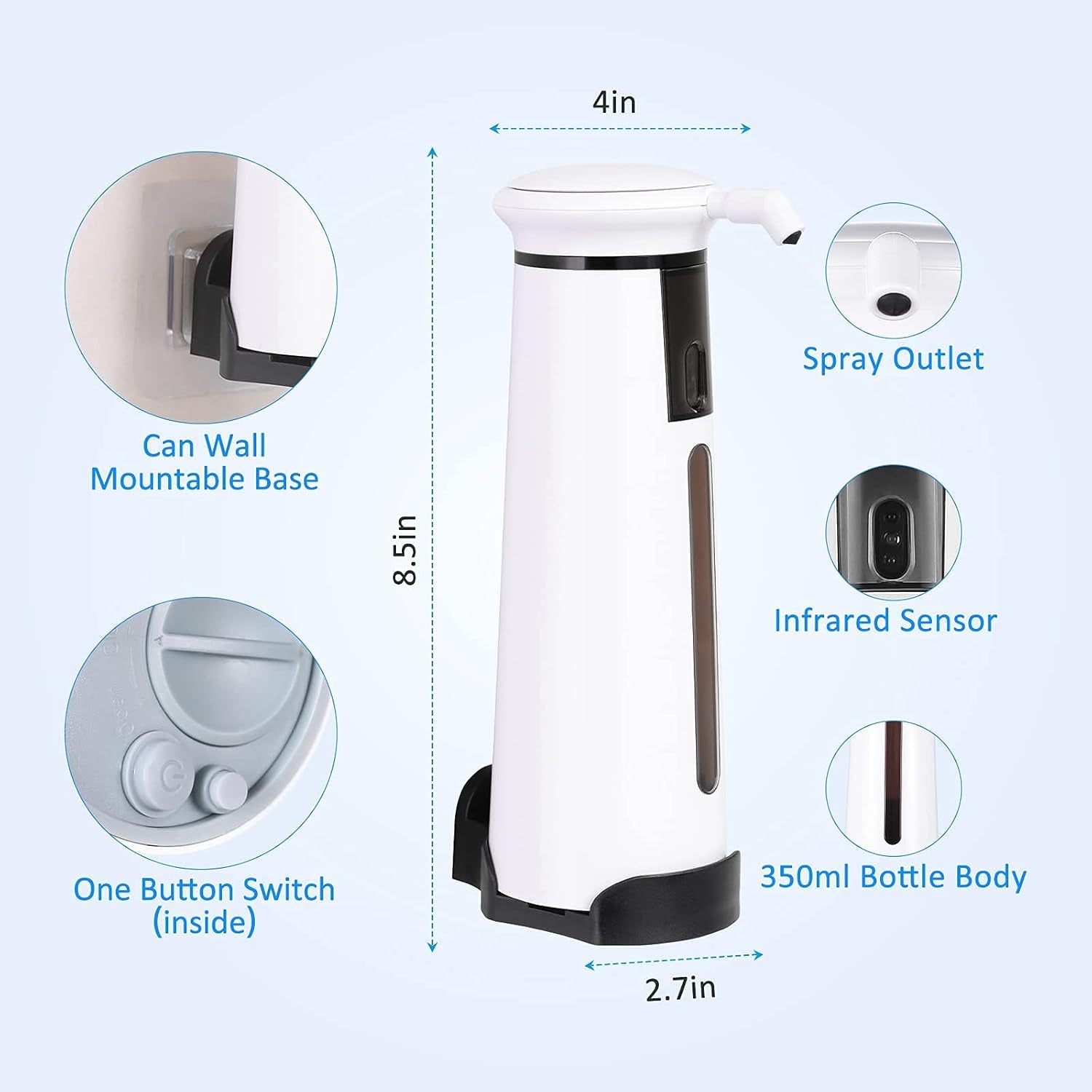 Automatic Soap Dispenser, Touchless Soap Dispenser Hand Soap Dispenser for Bathroom Waterproof Base Wall Mount Kitchen Soap Dispenser for Kitchen Sink,11.8Oz/350Ml(White)