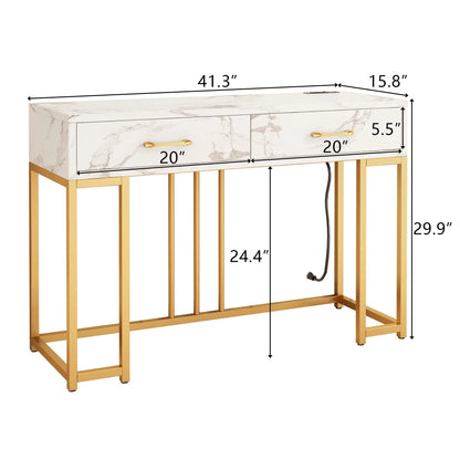 Console Table Modern Entryway with Storage Drawers Outlets USB, Narrow Faux Marble Sofa Coffee Desk, Home Furniture Decor Indoor,Gold & White