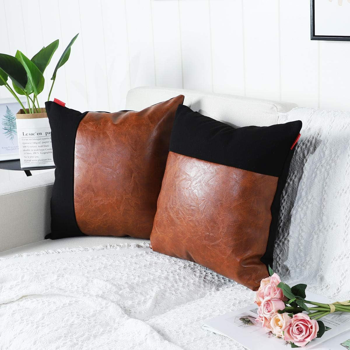 Set of 2 Luxury Boho Decorative Lumbar Throw Pillow Covers Cushion Cases Faux Leather and Cotton Farmhouse Pillowcases for Couch Sofa Bed 12X12 Inches Brown Black