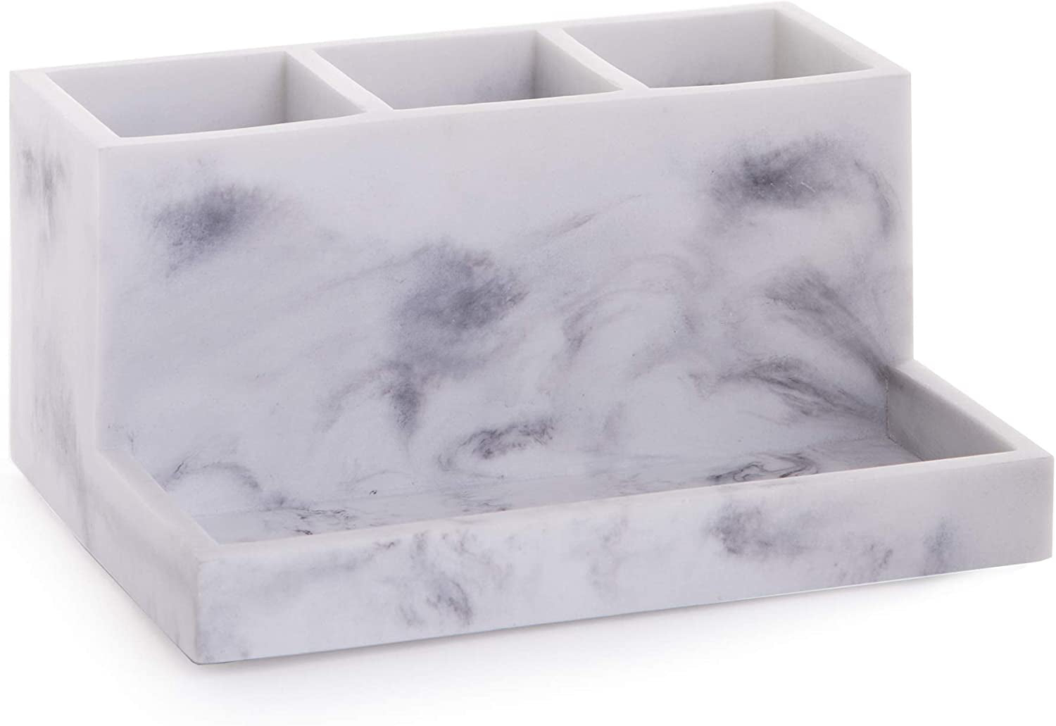 | Multi Purpose 3 Compartment Organizer with Tray | Makeup Brush Holder Makeup Brush Organizer Holder Toothbrush Marble Bathroom Accessories (Matte Marble)