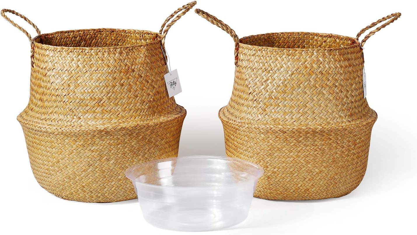 720303 2 Pack Seagrass Plant Basket - Hand Woven Belly Basket with Handles, Storage Laundry, Picnic, Plant Pot Cover, Home Decor and Woven Straw Beach Bag (Extra Large,Brown)