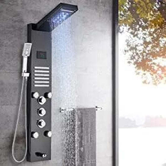 LED Light Shower Panel Tower System Stainless Steel LED Rainfall Waterfall Shower Head Hydroelectricity Display Massage Spray with Hand Shower Black Shower Tower Wall Mount Shower Panels