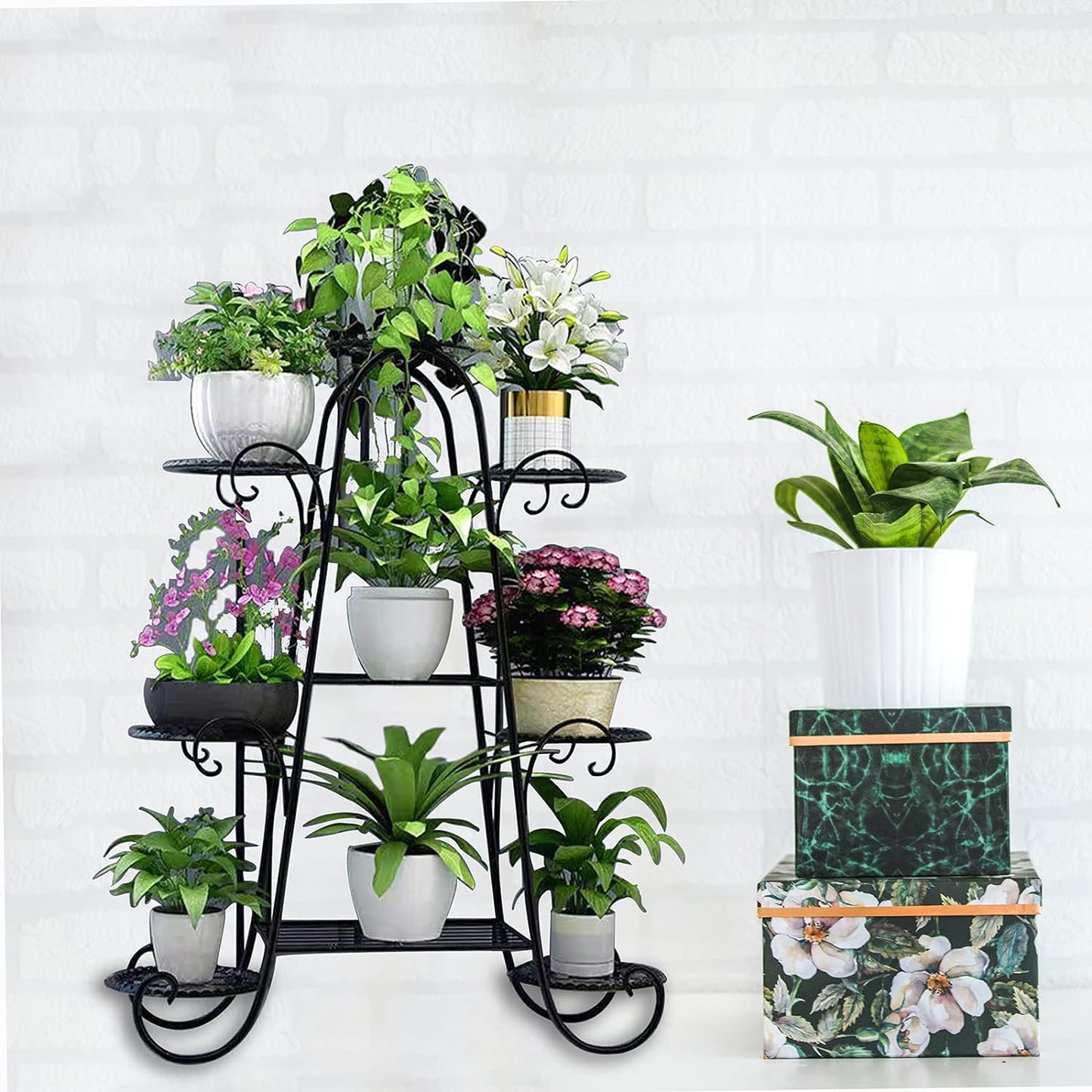 9 Tier Plant Stand, Indoor Outdoor Metal Plant Shelf, Multiple Tier Flower Shelves, Tall Display Rack for Garden Balcony Living Room (Black)